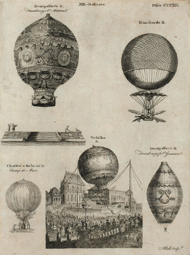 Lámina con los primeros globos de los hermanos Montgolfier y Blanchard