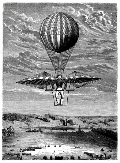 Lámina con ilustración del ornitóptero de Jacob Degen con globo de hidrógeno